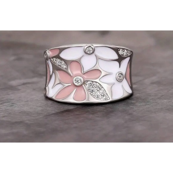 None Jewelry - Silver Plated Zircon Pink Enamel Flower Ring